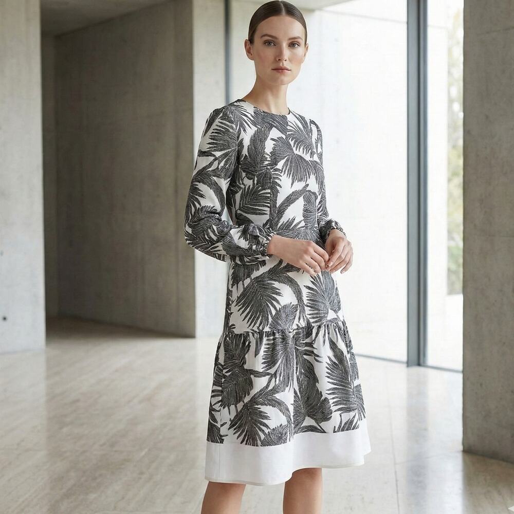 Co. Collections Leaf embroidered puff dress white grey size XS